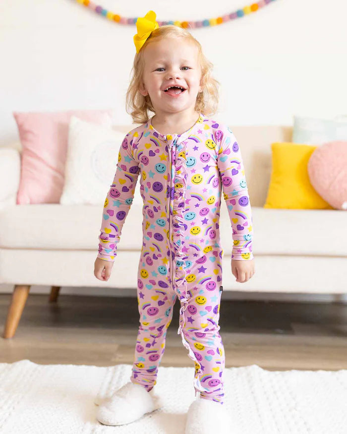 Smiley Rainbow Ruffled ‘Poppy’™ Convertible Romper –Bamboo Footie & Romper