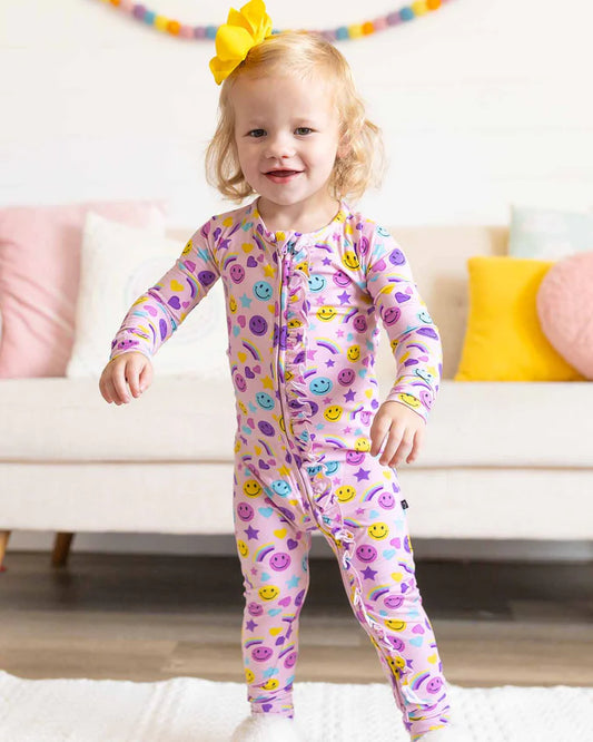 Smiley Rainbow Ruffled ‘Poppy’™ Convertible Romper –Bamboo Footie & Romper