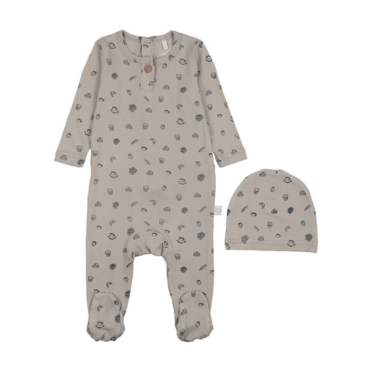 Breakfast Print Footie-Grey