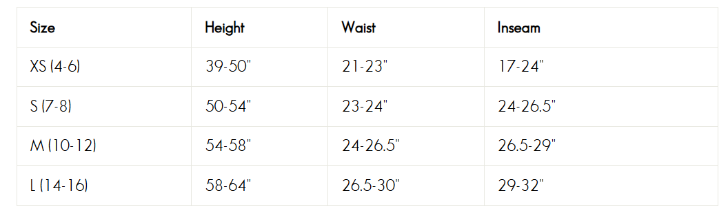 Table displaying clothing size chart with height, waist, and inseam measurements.