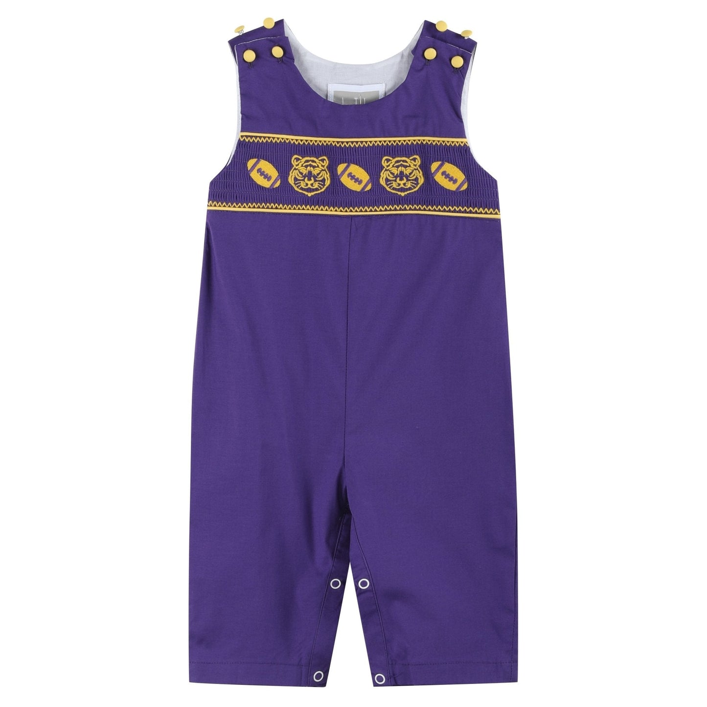 Purple and Gold Football and Tiger Smocked Overalls