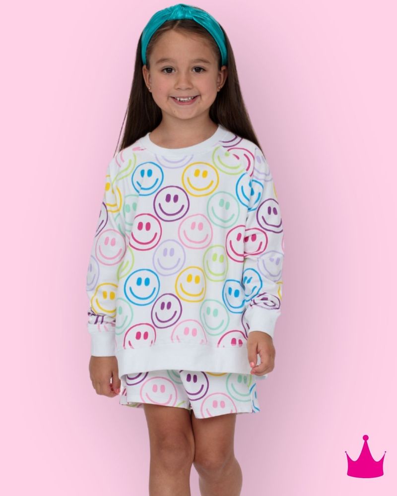 Azarhia Bright Smiley Faces White Oversized Sweatshirt | Girls Designer Pullover | Bossier City, LA