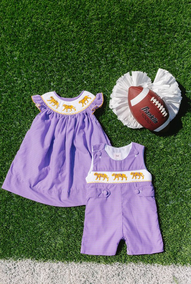 Boys Purple Tiger Smocked Jon Jon – LSU-Inspired Baby & Toddler Game Day Jon Jon | The Prissy Pelican Boutique Bossier City, LA