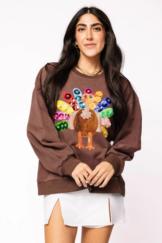 Queen of Sparkles Brown Rainbow Flower Turkey Sweatshirt - Adult