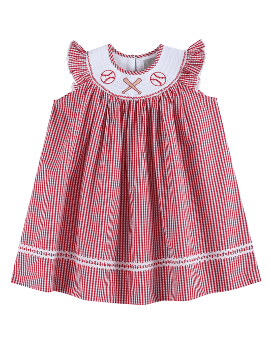 Red Gingham Baseball Smocked Bishop Dress