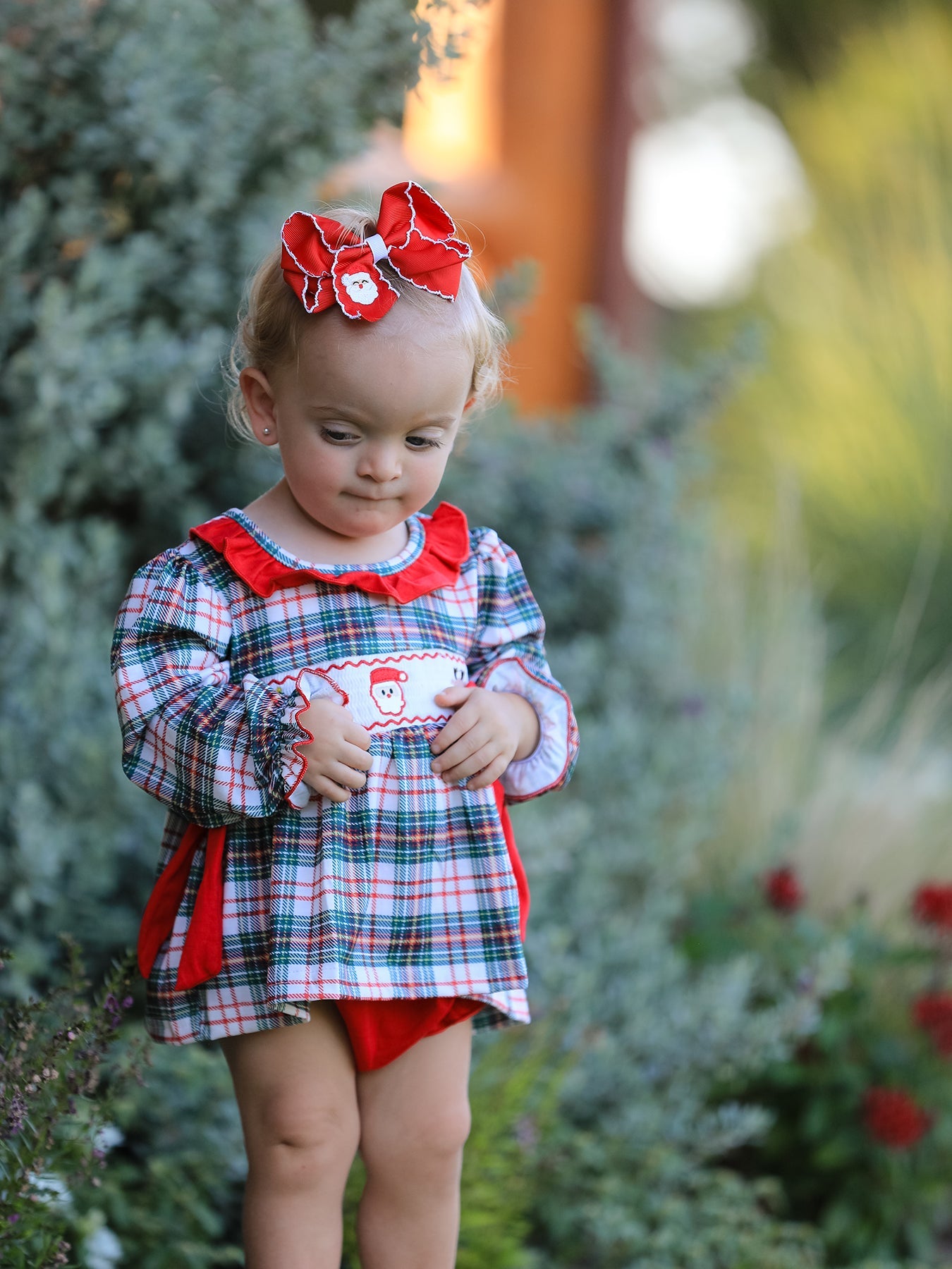 Christmas Plaid Smocking Embroidered Girls Bloomers Romper Set