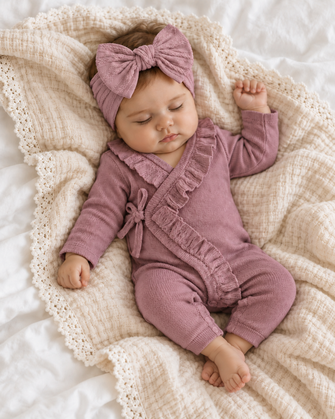 Ruffle Knit Romper in Soft Plum
