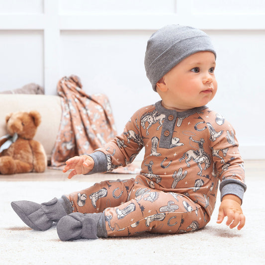 Wild Wrangler/Brown Western Bamboo Henley Romper for Babies