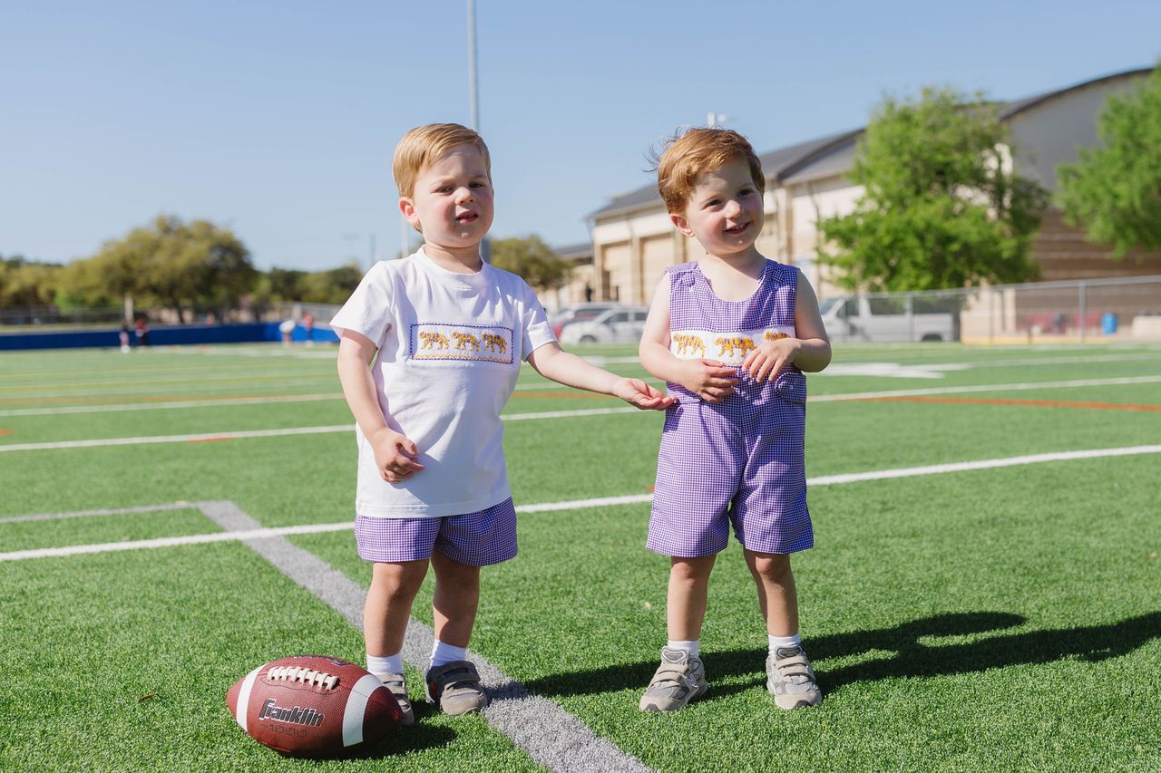 Boys Purple Tiger Smocked Short Set – LSU-Inspired Boys Game Day Outfit | The Prissy Pelican Boutique Bossier City, LA