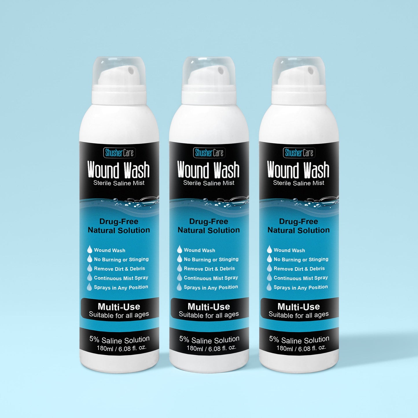 Shusher Care Wound Wash Spray – Sterile 5% Hypertonic Saline for Cuts, Scrapes & Wound Irrigation