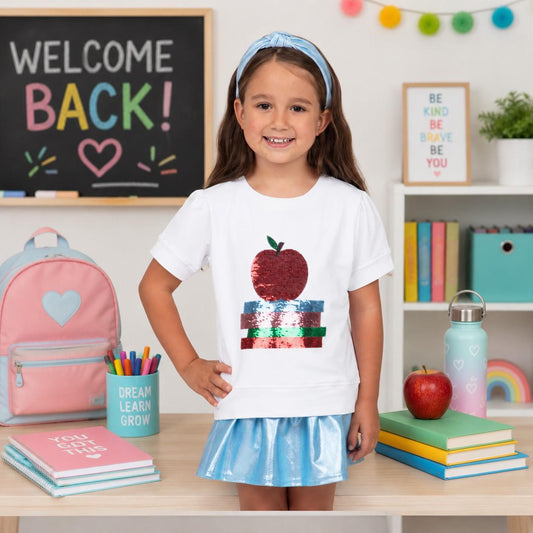 Azarhia Sequin Apple White Short Sleeve Holly Sweatshirt for Girls | Back to School Girls Top