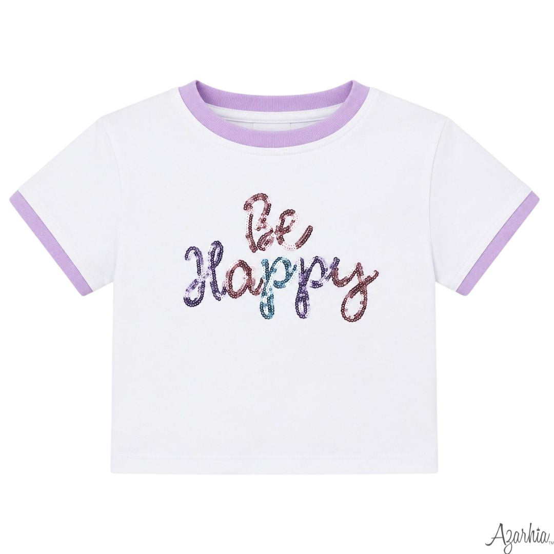 Azarhia Girls Sequin Be Happy White Boxy Tee | Boutique Graphic Shirt