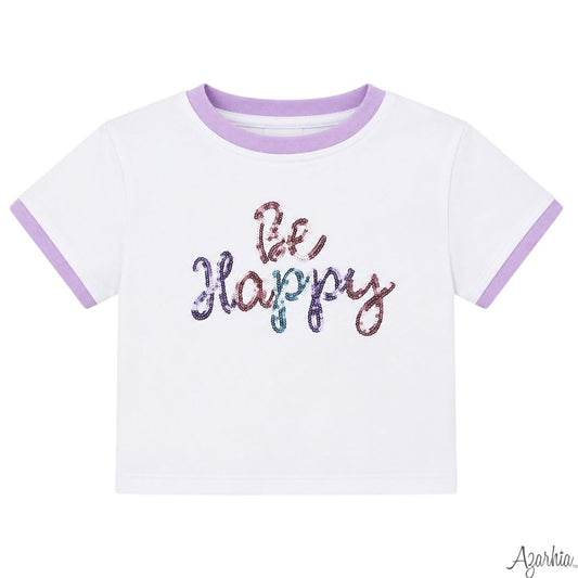 Azarhia Girls Sequin Be Happy White Boxy Tee | Boutique Graphic Shirt
