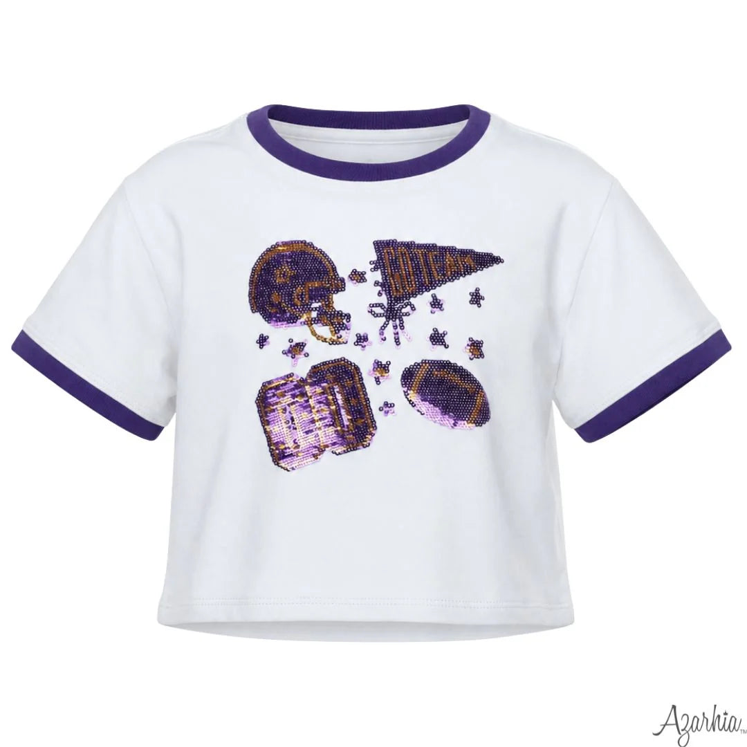 Azarhia Sequin Football Elements Boxy Tee | Purple & Gold Tigers Girls Game Day Shirt