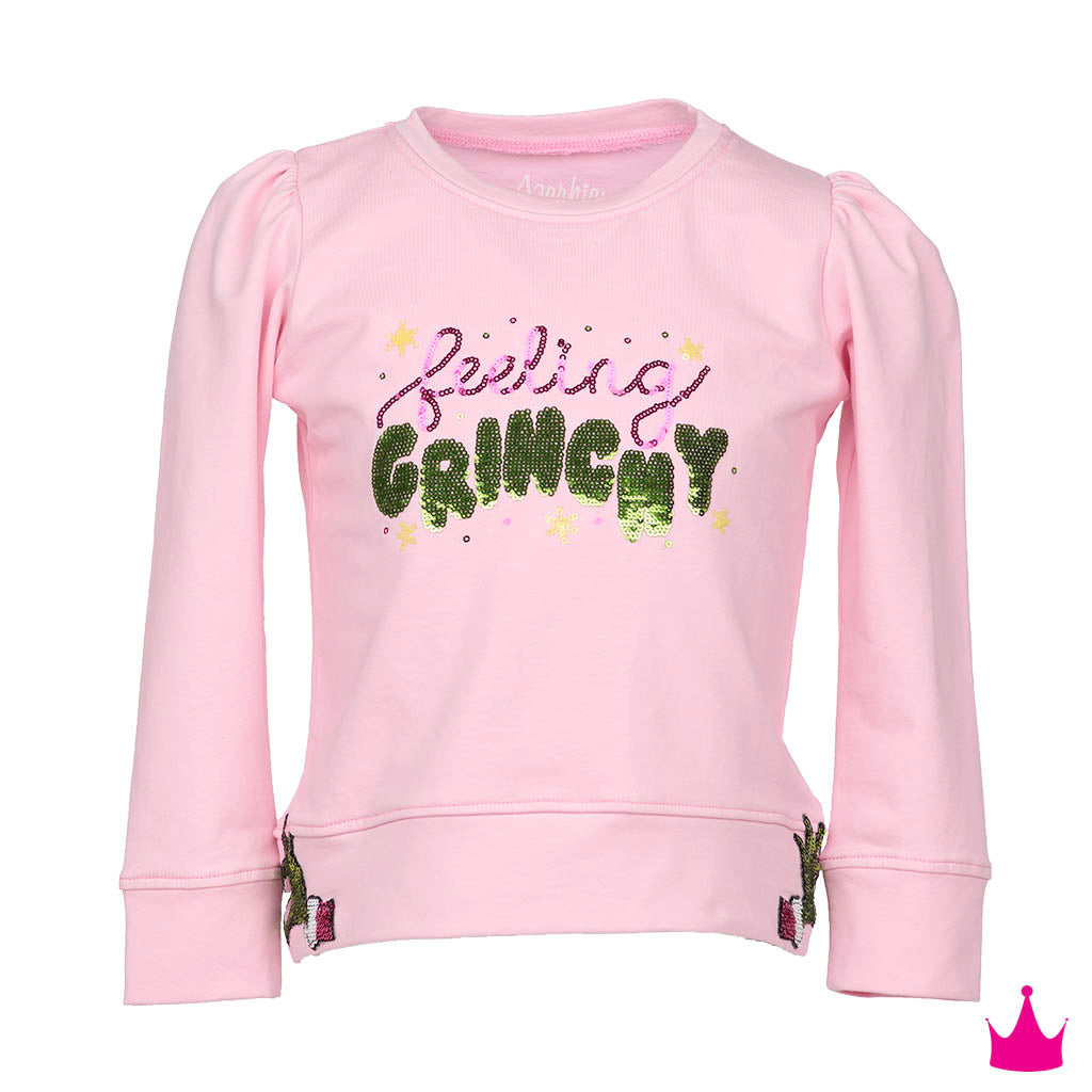 Azarhia Girls Feeling Grinchy Sequin Christmas Puff Sleeve Top – Pink