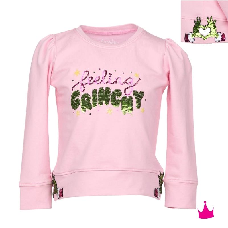 Azarhia Girls Feeling Grinchy Sequin Christmas Puff Sleeve Top – Pink