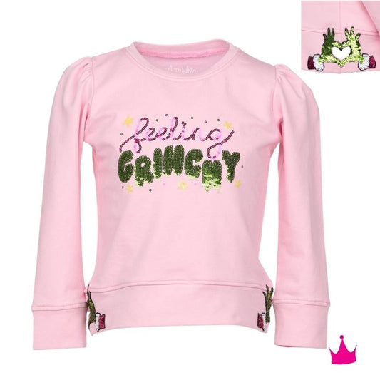 Azarhia Girls Feeling Grinchy Sequin Christmas Puff Sleeve Top – Pink