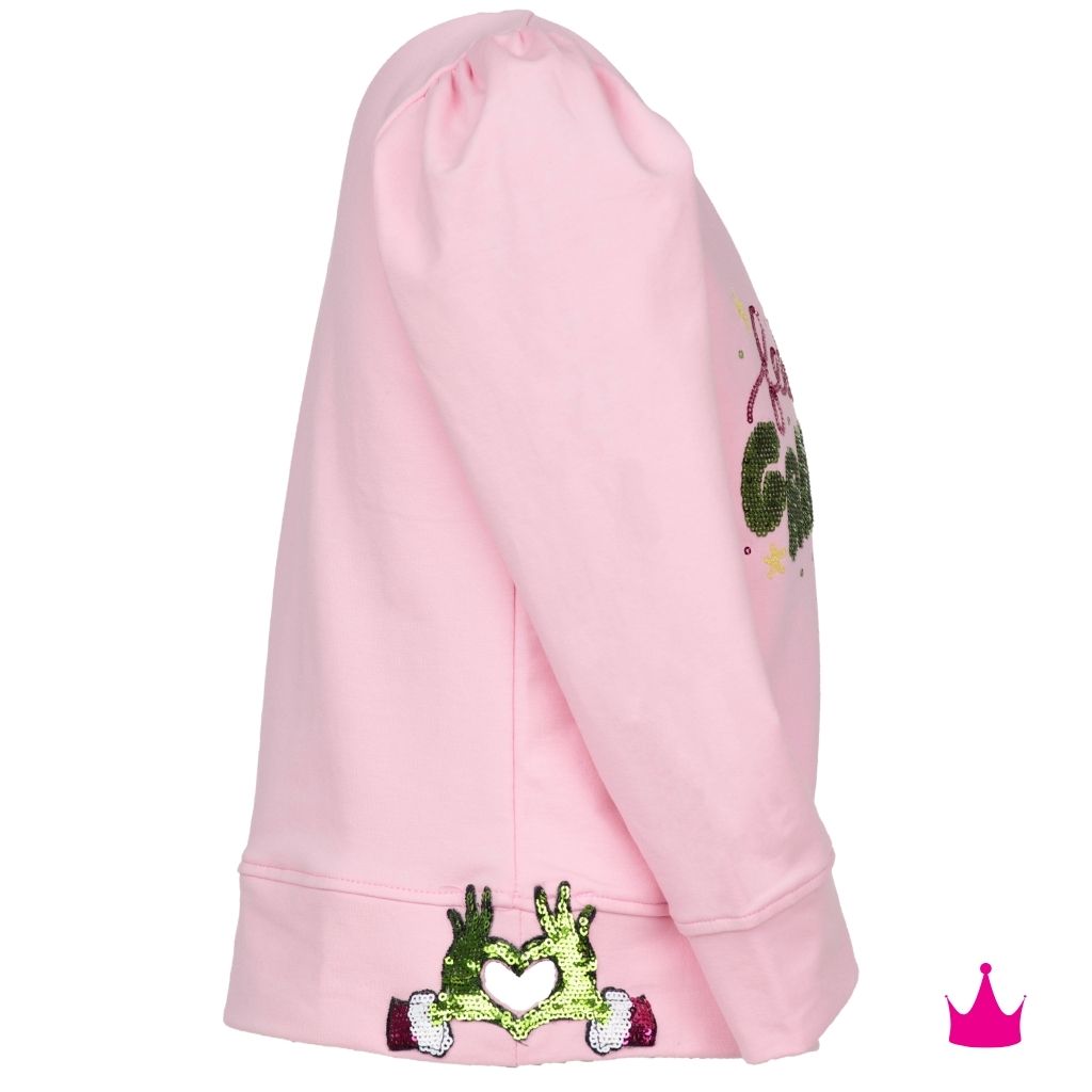 Azarhia Girls Feeling Grinchy Sequin Christmas Puff Sleeve Top – Pink