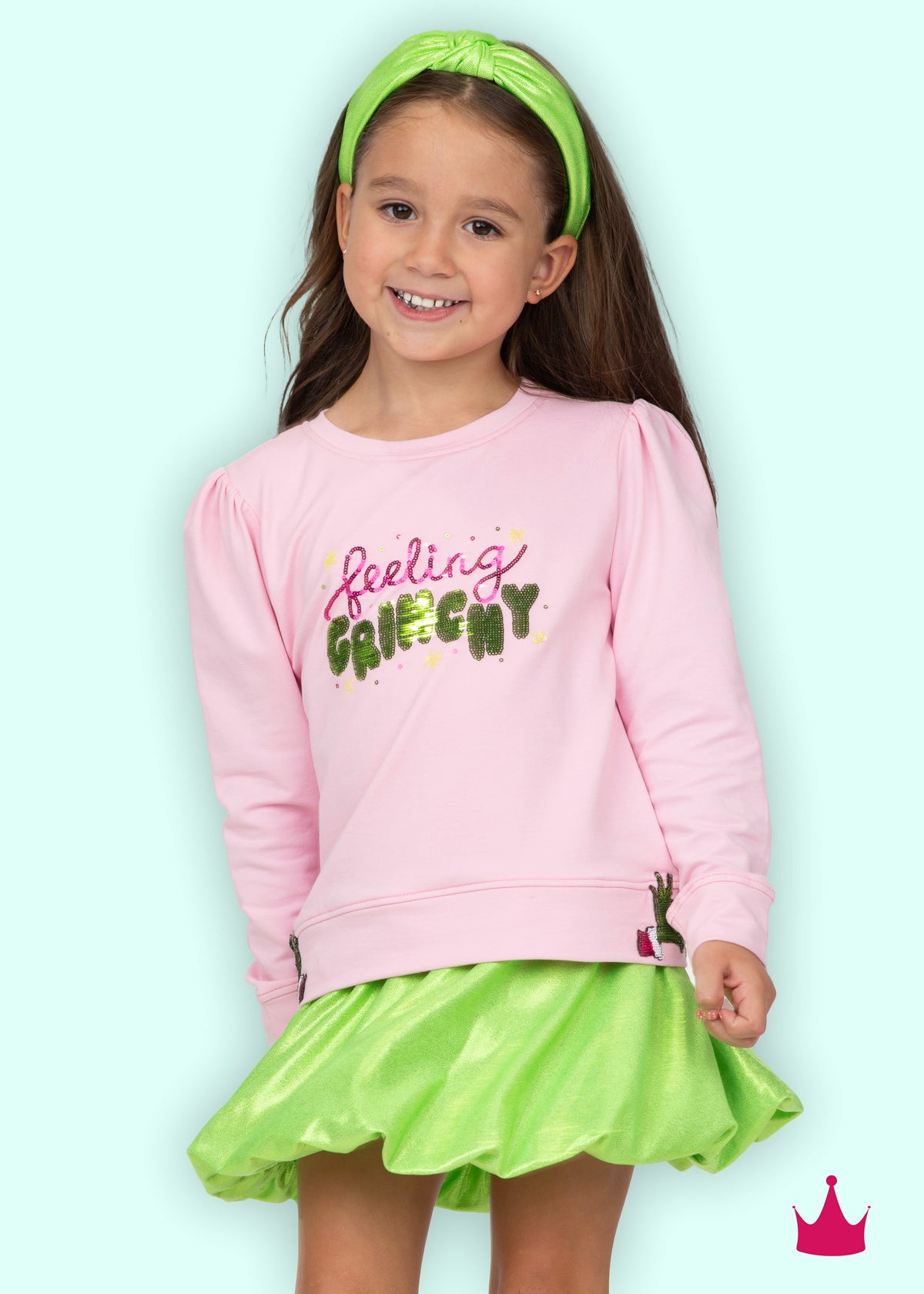 Azarhia Girls Feeling Grinchy Sequin Christmas Puff Sleeve Top – Pink