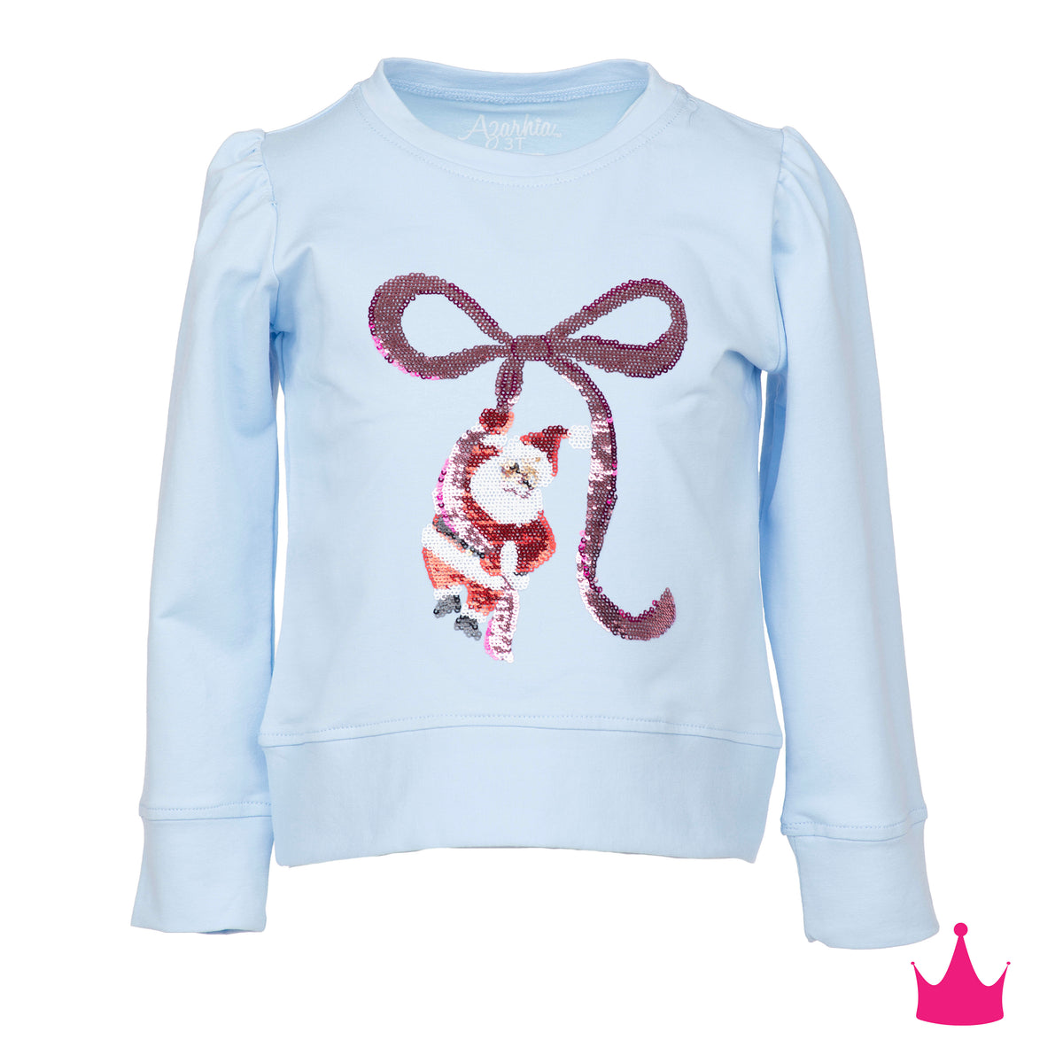 Azarhia Girls Sequin Santa Bow Puff Sleeve Top – Light Blue