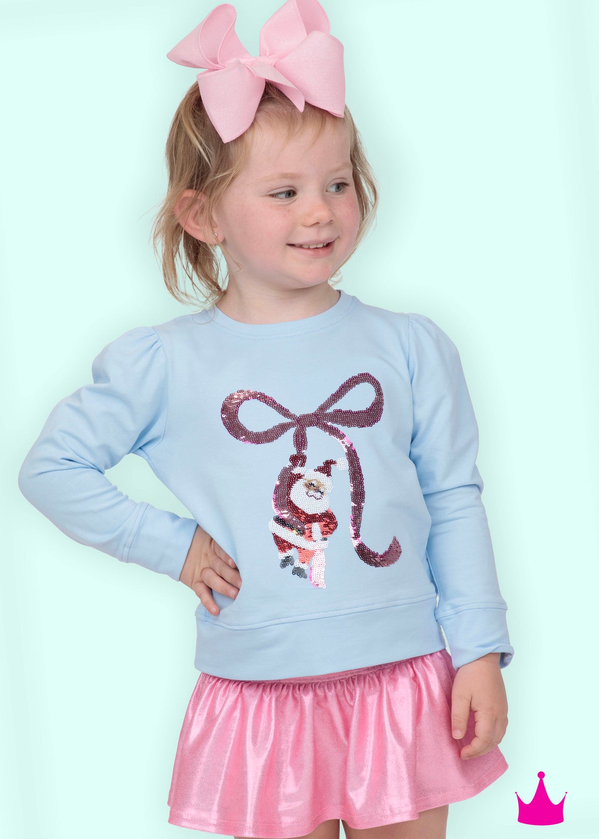 Azarhia Girls Sequin Santa Bow Puff Sleeve Top – Light Blue