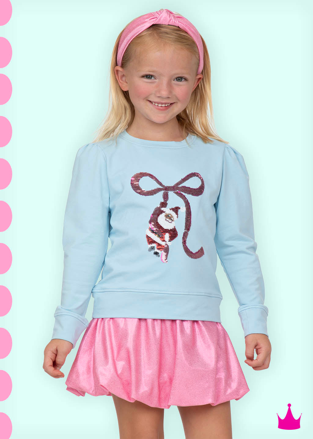 Azarhia Girls Sequin Santa Bow Puff Sleeve Top – Light Blue