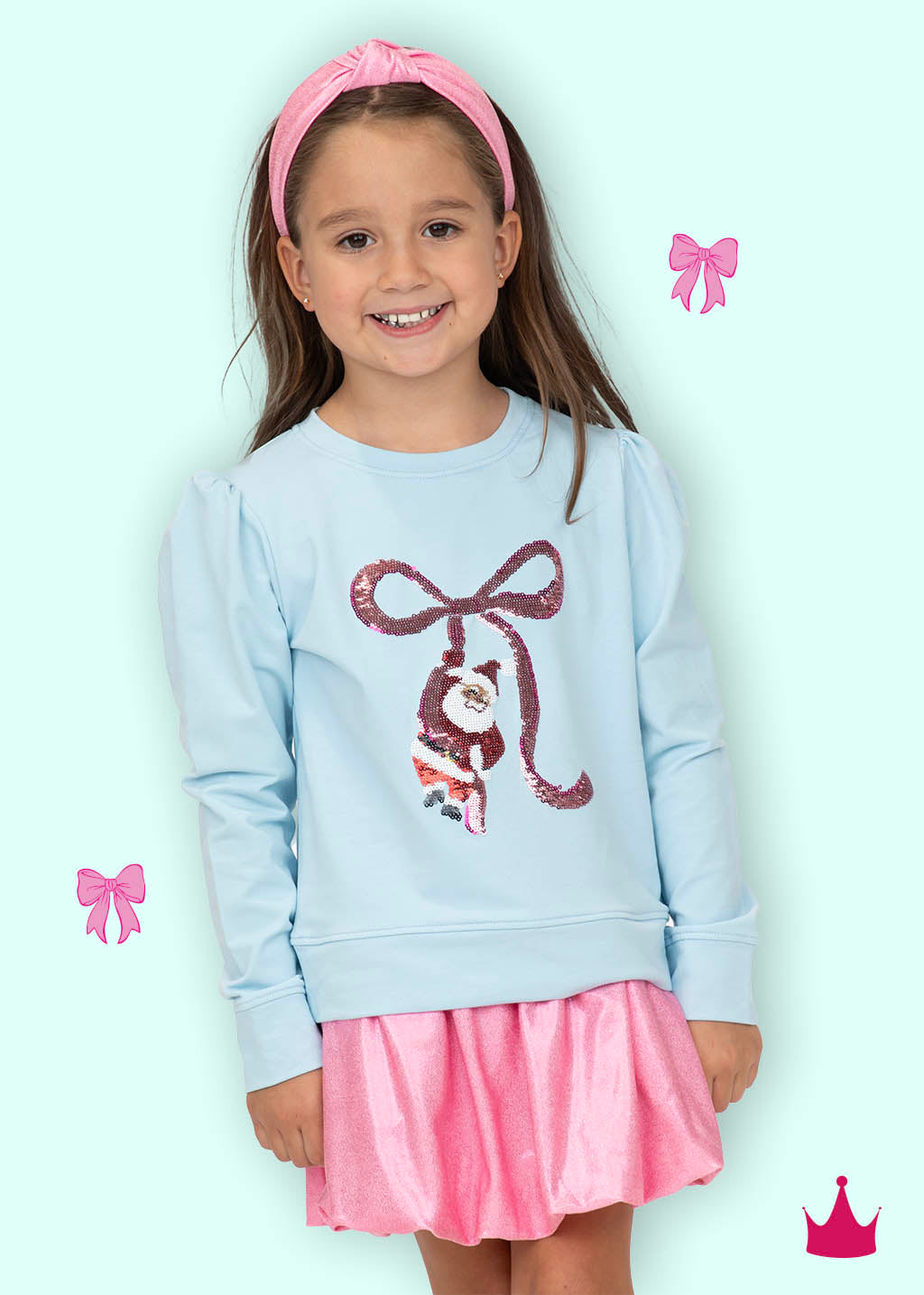 Azarhia Girls Sequin Santa Bow Puff Sleeve Top – Light Blue