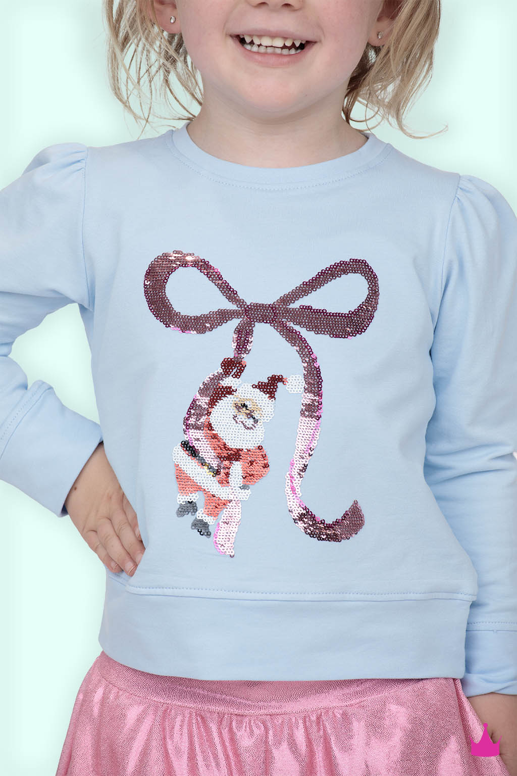 Azarhia Girls Sequin Santa Bow Puff Sleeve Top – Light Blue