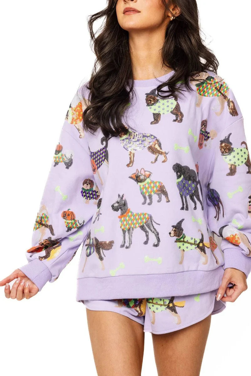 Queen of Sparkles Lavender Halloween Dogs Sequin Sweatshirt