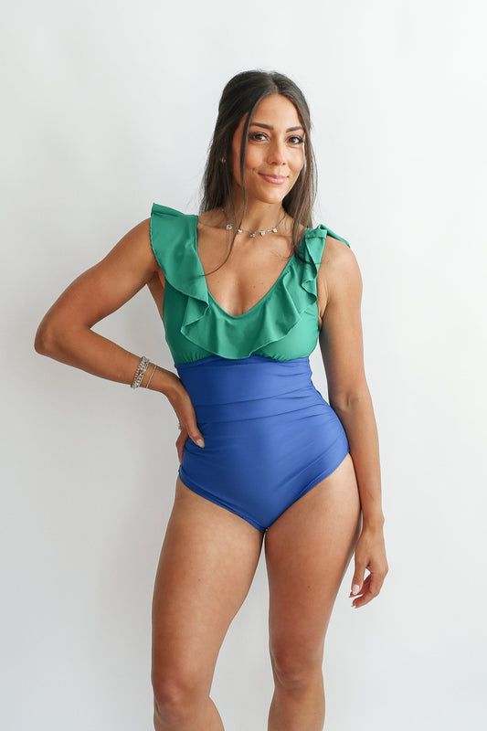 FINAL SALE Lace Up Ruffle Neck One Piece Breastfeeding Swimsuit - Blue/Green