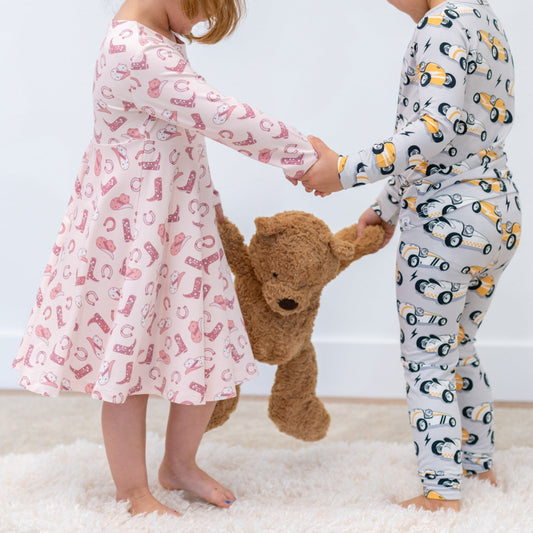 Pink Western Boots Cap Sleeve Swirl Dress