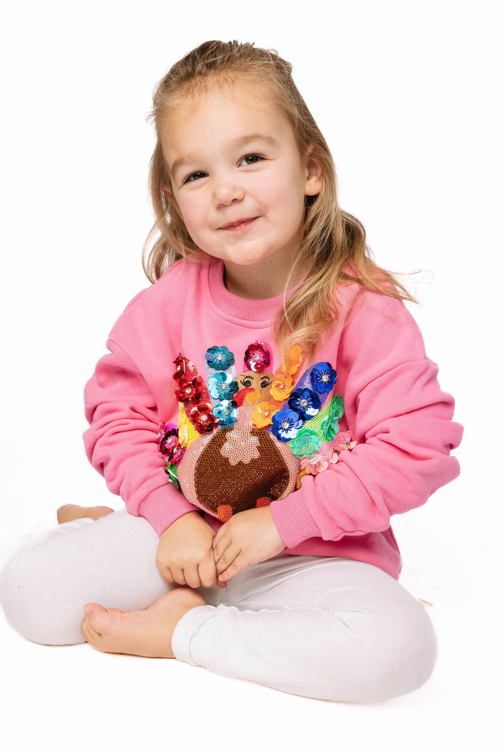 Queen of Sparkles Pink Rainbow Flower Turkey Sweatshirt - Kids