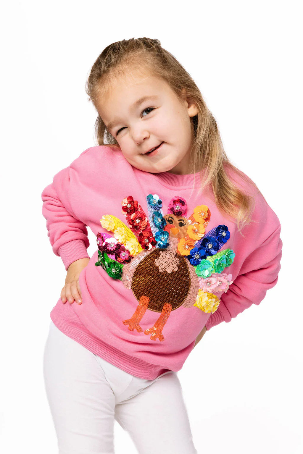 Queen of Sparkles Pink Rainbow Flower Turkey Sweatshirt - Kids