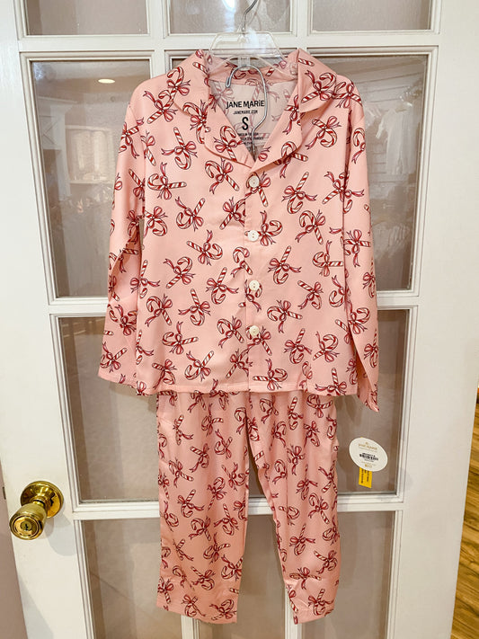 Pink Candy Cane Satin Loungewear Set – Two-Piece Holiday Pajamas