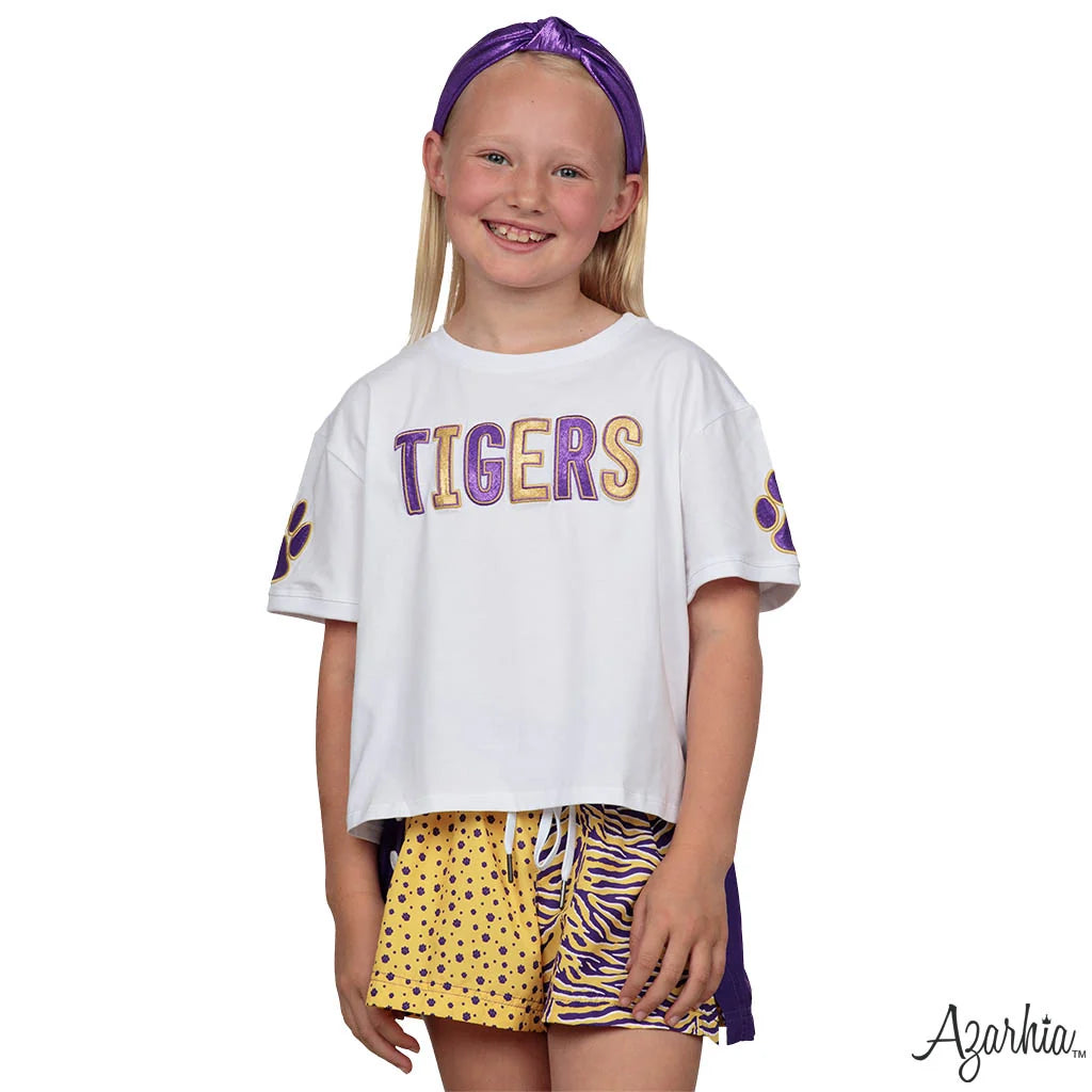 Azarhia Tigers Paws & Stripes Color Block Girls Shorts | Purple & Gold Game Day Athletic Shorts