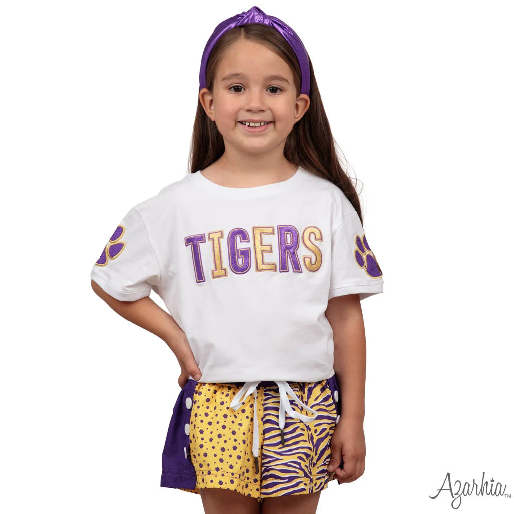 Azarhia Tigers Paws & Stripes Color Block Girls Shorts | Purple & Gold Game Day Athletic Shorts