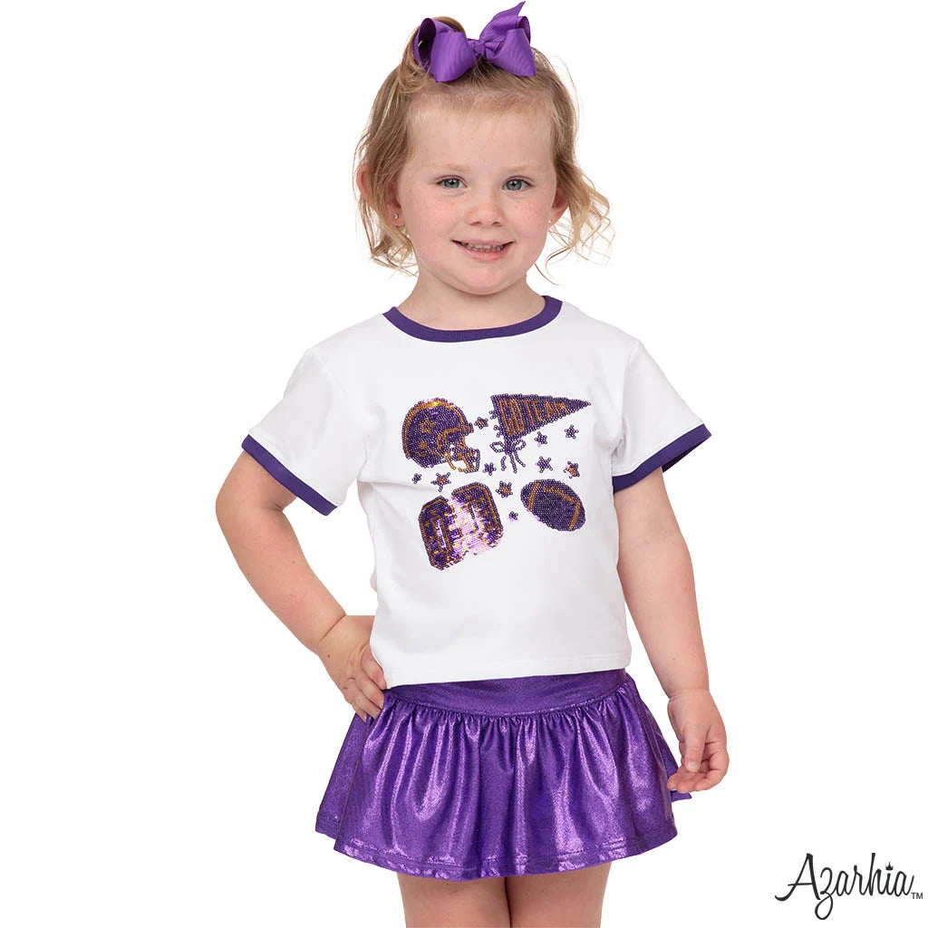Azarhia Sequin Football Elements Boxy Tee | Purple & Gold Tigers Girls Game Day Shirt