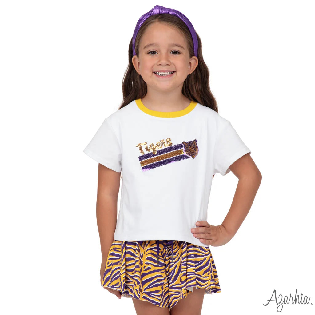 Azarhia Sequin Tiger Face Stripes Boxy Tee | Purple & Gold Girls Game Day Shirt