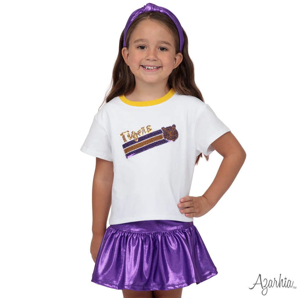 Azarhia Sequin Tiger Face Stripes Boxy Tee | Purple & Gold Girls Game Day Shirt