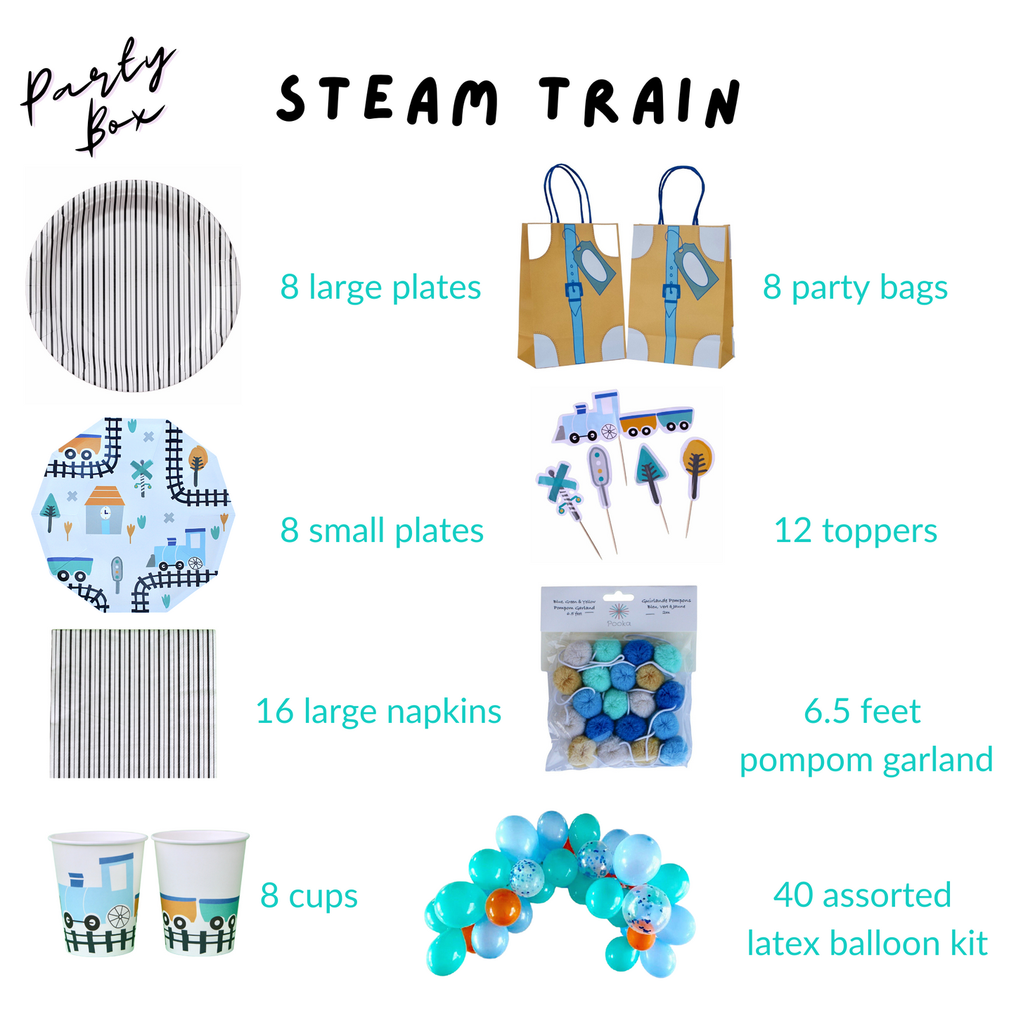 Steam Train Birthday Party Supplies Kit – Boys Train Party | Plates, Cups, Napkins | Party in a Box