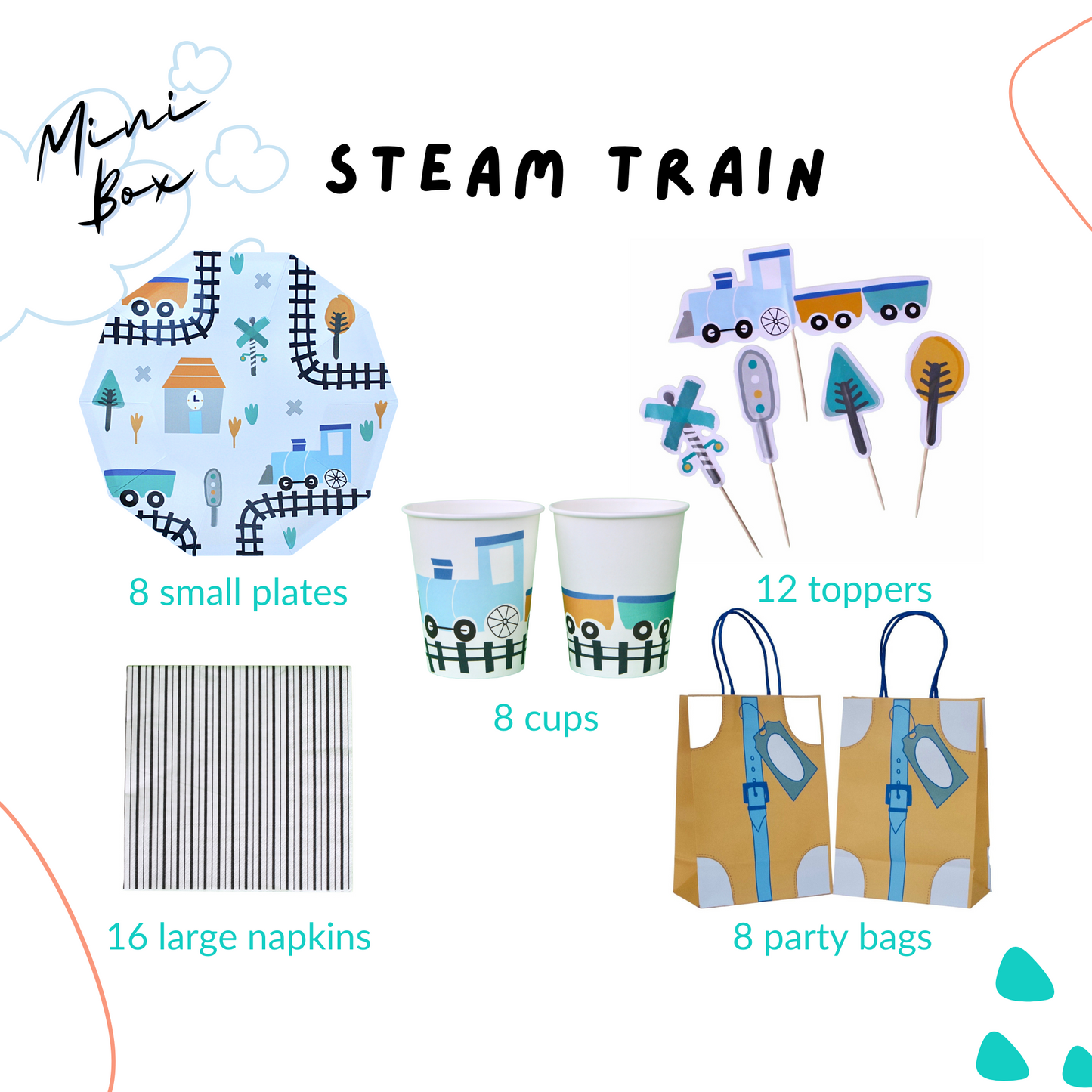 Steam Train Birthday Party Supplies Kit – Boys Train Party | Plates, Cups, Napkins | Party in a Box