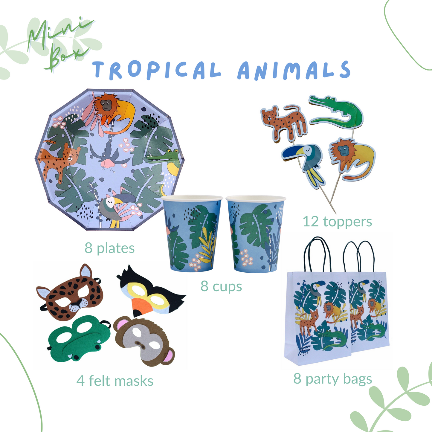 Tropical Animals Birthday Party Supplies Kit – Jungle Safari | Plates, Cups, Napkins | Party in a Box