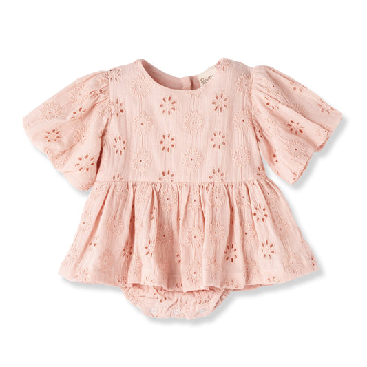 Pink Eyelet Cotton Skirted Baby Bodysuit with Puff Sleeves