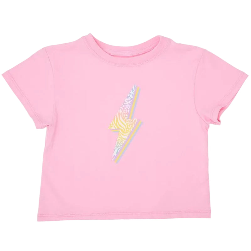 Pink t-shirt with a colorful graphic on a white background