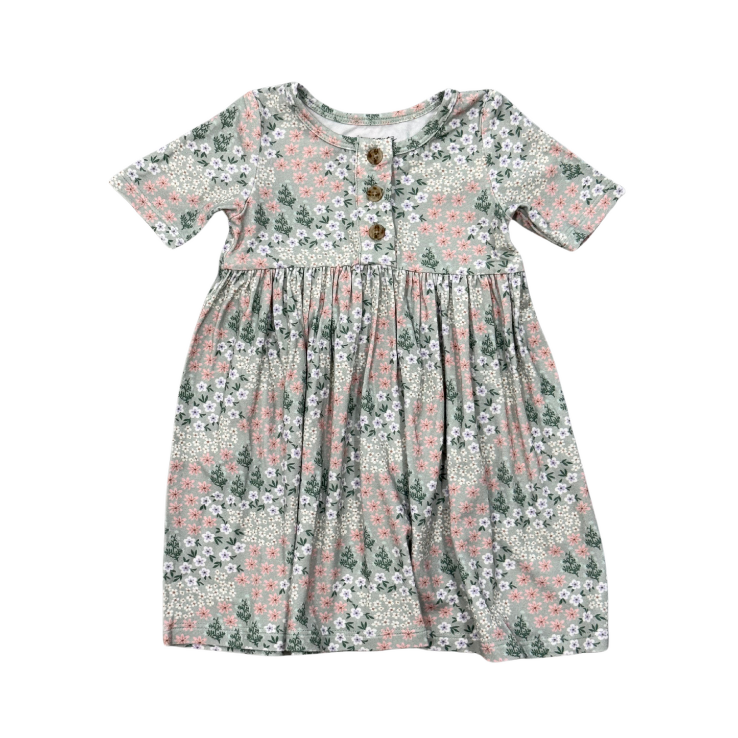Girls Sage Floral Bamboo Short Sleeve Henley Dress