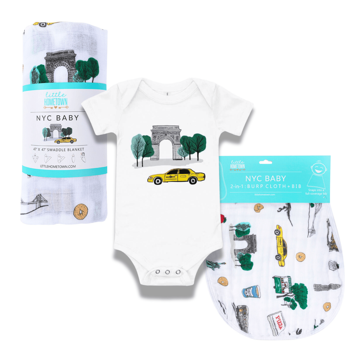 Washington Square Park NYC Newborn Gift Bundle: Swaddle, Bib & Onesie