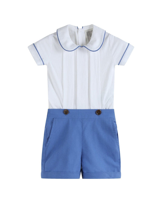 White Collared Top and Blue Button Shorts
