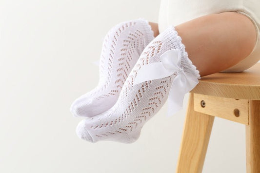 White Cotton/Poly Lace Knee High Socks with Bow