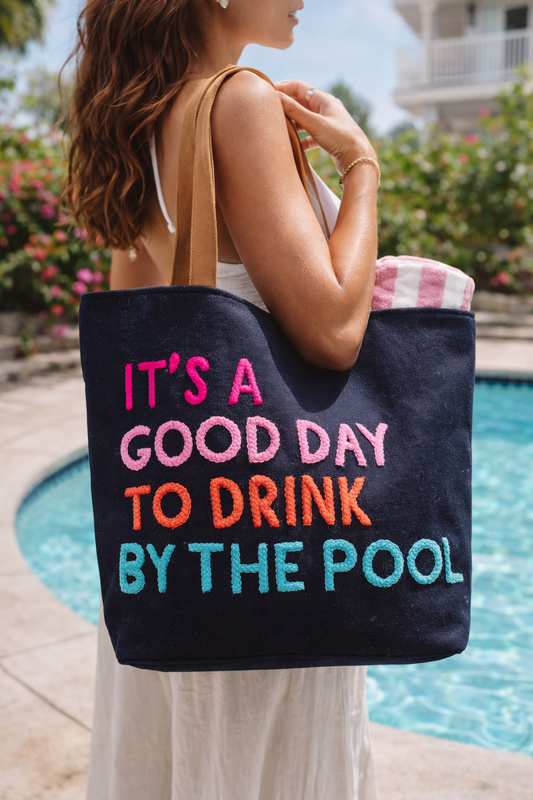 Poolside Bliss Woven Cotton Tote - Navy