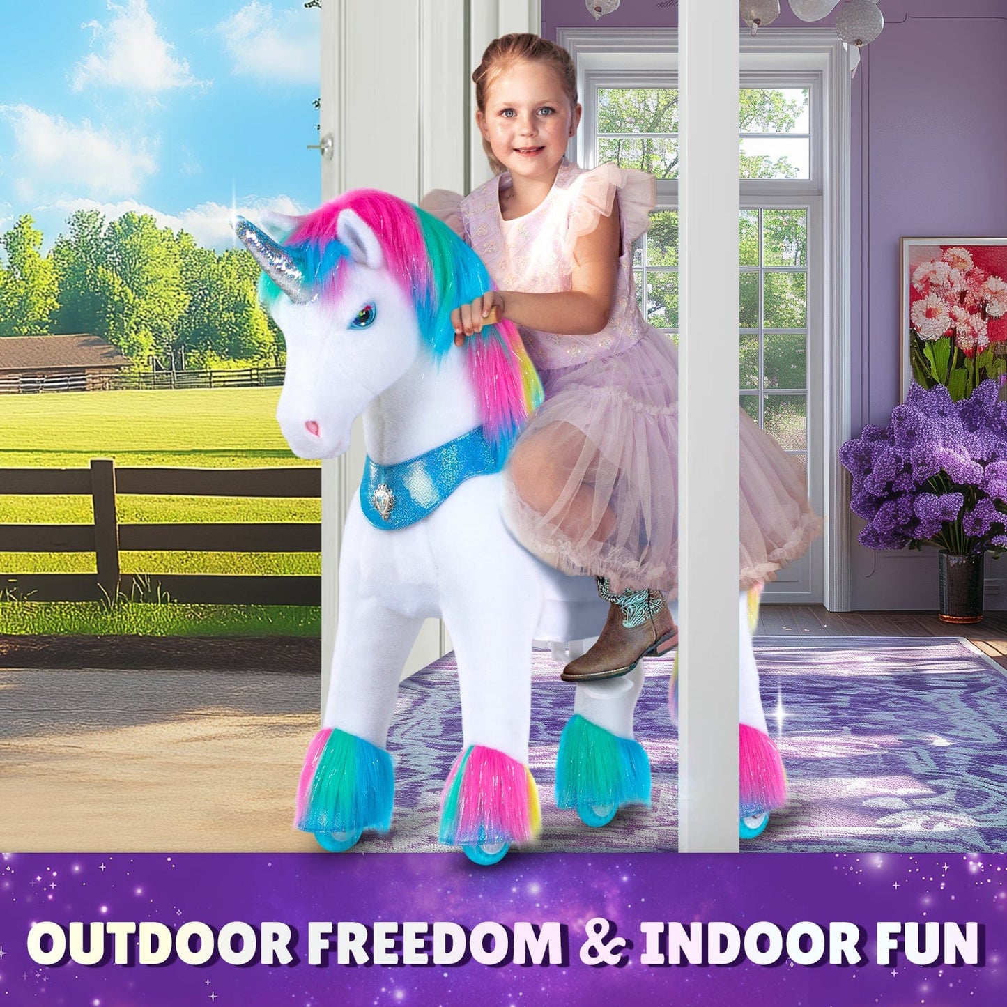Model Y® Rainbow Unicorn Rideable Toy for Age 3-4